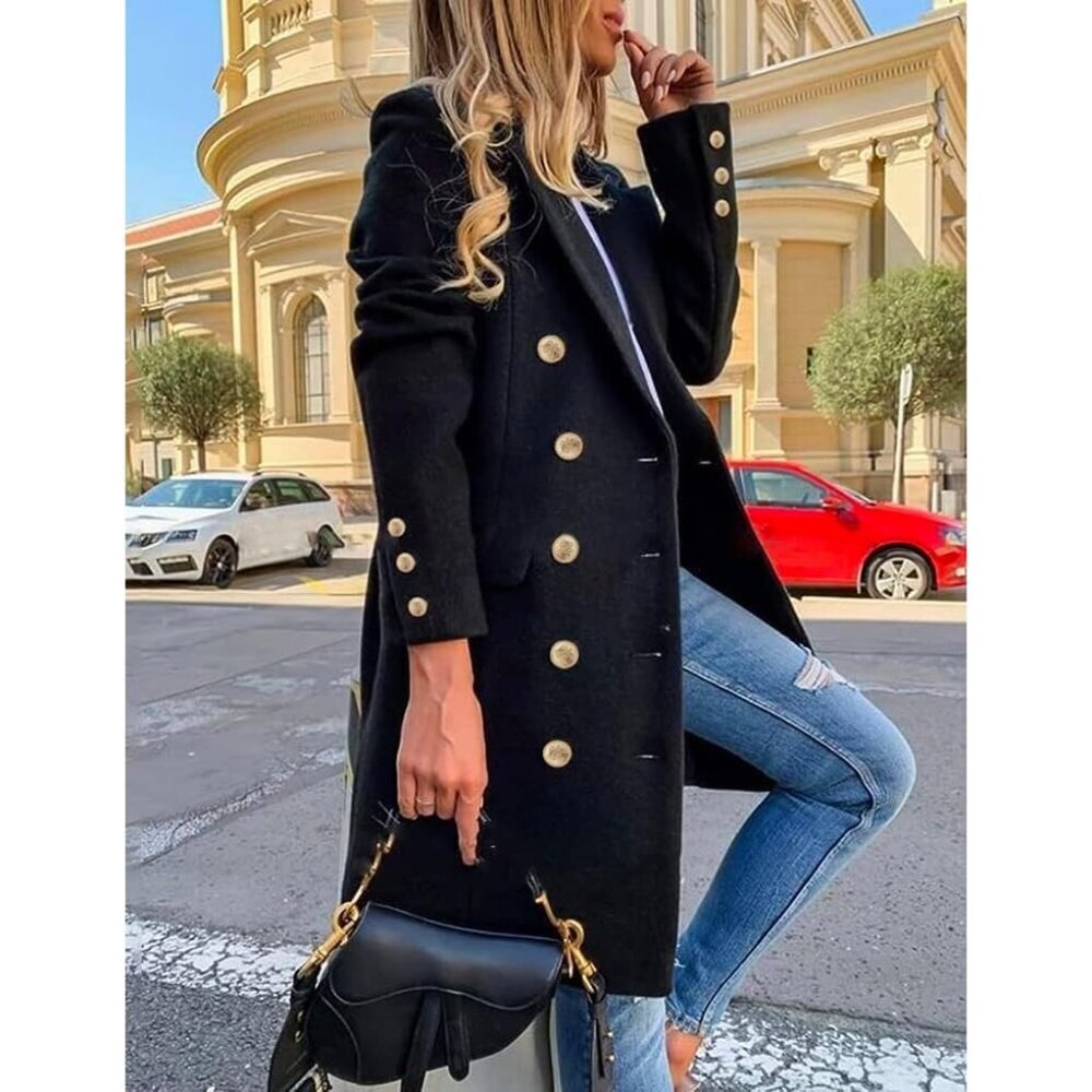 Womens Black Fall Winter Wool Coats Double Breasted Midi Peacoat Trench Coats - Picture 2 of 4